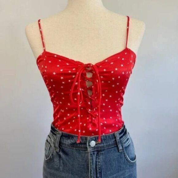 NEW Zara Satin Star Print Effect Red Adjustable Bodysuit‎ Top Womens Size L - Picture 3 of 5